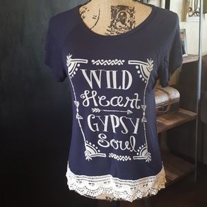 Moonchild navy blue, crochet trim top sz Small